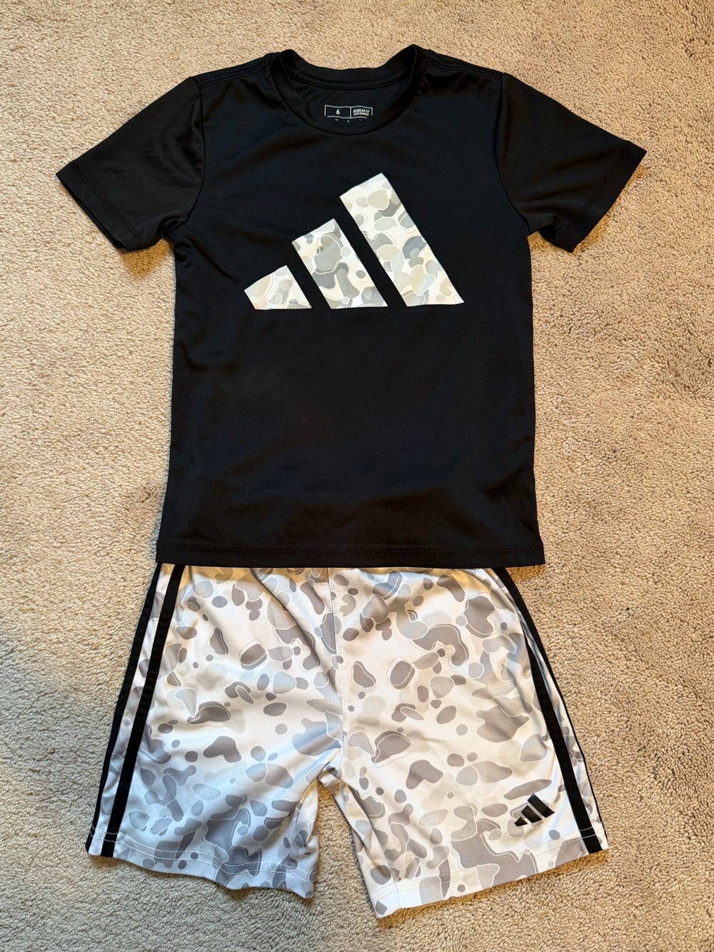 adidas Black Tee with Light Gray Camo Logo & Light Gray Camo Shorts